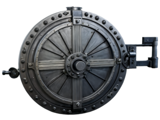 Hyperrealistic Vault Door with Intricate Locking Mechanism and Steel Rivets Detailing the Strong Metallic Surface for Security