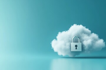3d render of a white cloud with padlock on blue background for digital security concept