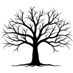 Black tree silhouette with roots and branches representing nature and all seasons