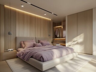 Fototapeta premium A modern bedroom design showcases minimalist wooden paneling and soft colors