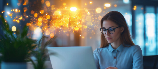 Productive Woman Typing in Modern Office with Digital Files