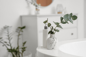 Vase with eucalyptus branches and bottle of cosmetic product on bathtub in room, closeup