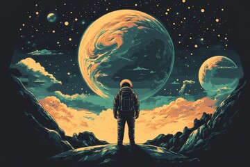 An astronaut gazes at planets under a vibrant starry sky