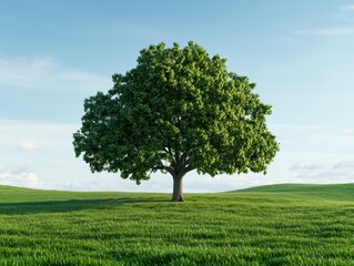 Fototapeta premium Lush Green Tree Standing Alone on a Vibrant Meadow Under Clear Blue Sky