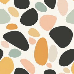 Seamless mid-century modern wallpaper, abstract pebble-like organic shapes, soft muted pastels, 1950s aesthetic, dynamic fluidity