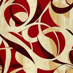 Vintage 1950s wallpaper with abstract swirls and interconnected loops, deep red and beige tones, dynamic and energetic flow