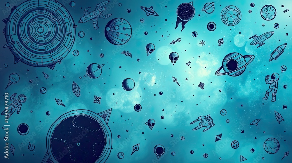 Wall mural bright blue background features an array of planets rockets and astronauts showcasing the wonders of