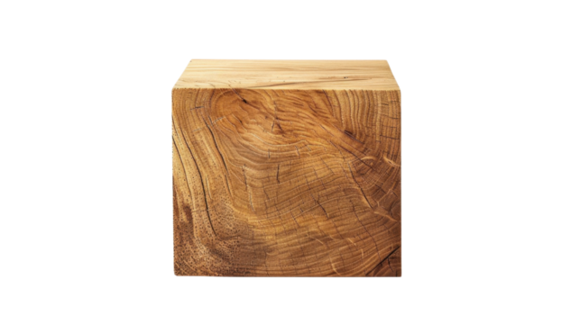 Square wooden block showing growth rings on transparent background