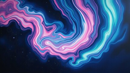 Colorful patterns of pink and blue twist and flow on a deep black background evoking feelings of tranquility and creativity in an artistic representation