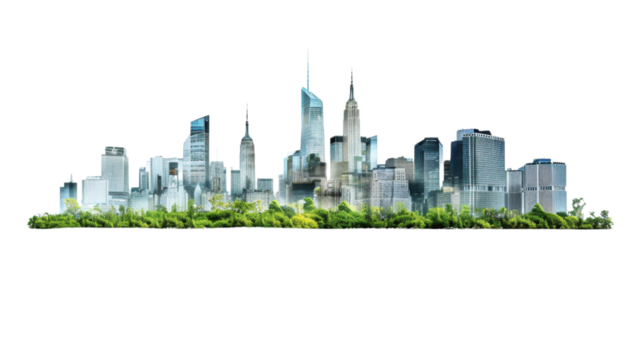 New york city skyline emerging from green trees on transparent background