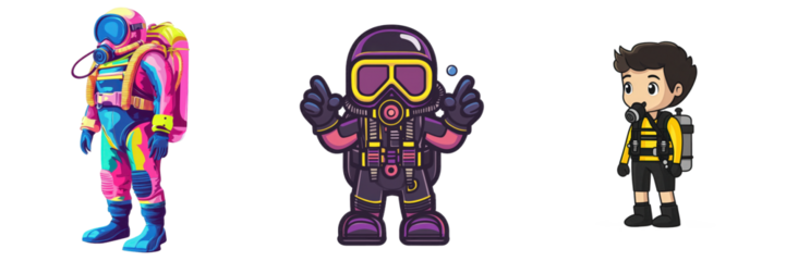 Colorful divers standing ready, white background, full scuba gear, underwater exploration isolated on white or transparent