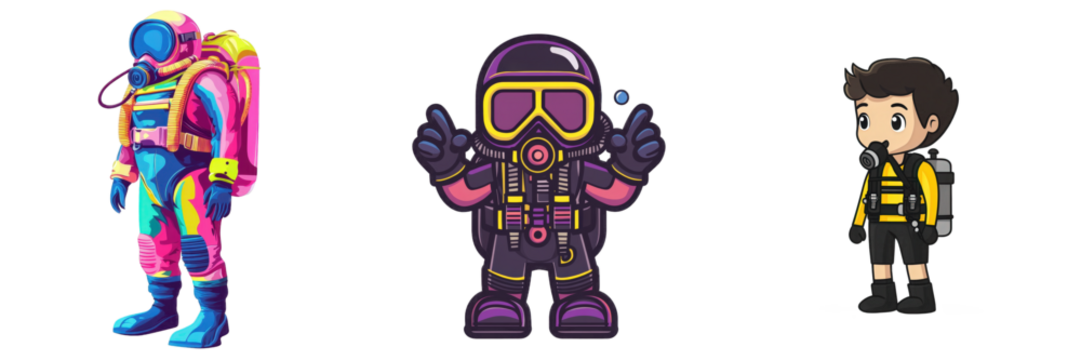 Colorful divers standing ready, white background, full scuba gear, underwater exploration isolated on white or transparent