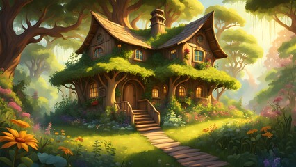 A whimsical wooden cottage nestled a vibrant, sunlit forest clearing, surrounded lush greenery colorful flowers.