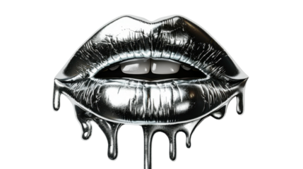 Silver lips dripping showing white teeth on transparent background