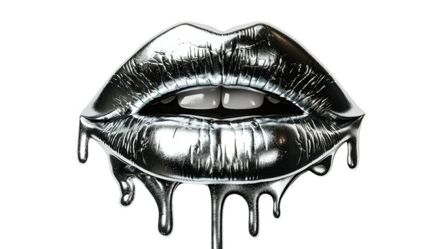 Silver lips dripping showing white teeth on transparent background - Powered by Adobe