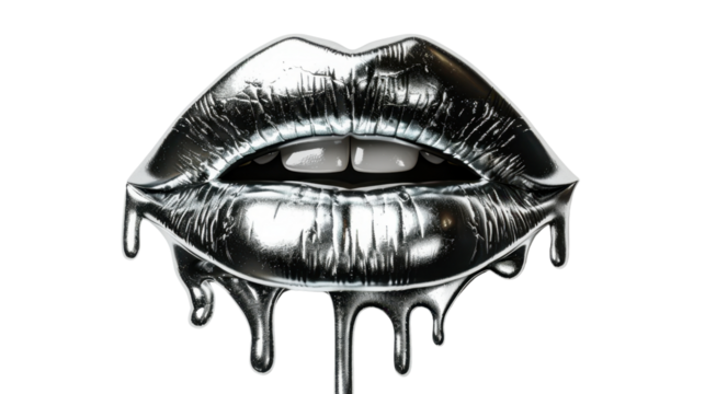 Silver lips dripping showing white teeth on transparent background - Powered by Adobe