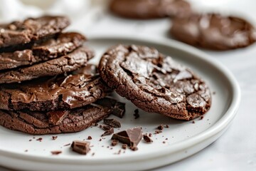 Close-up of melted chocolate cookies on white plate. AI generated