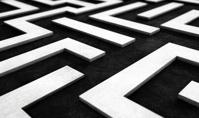 3D white maze on dark background, problem-solving concept