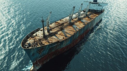 Aerial view of a weathered cargo ship navigating calm waters, showcasing maritime resilience