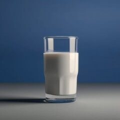 The glass of milk on wooden table. Glass of fresh white milk on blue background in the kitchen. Vertical image.