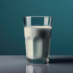 The glass of milk on wooden table. Glass of fresh white milk on blue background in the kitchen. Vertical image.