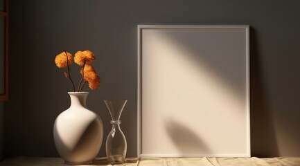 Blank frame mockup in a room with interior decorations
