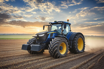 Fototapeta premium Modern agricultural tractor working on a field at sunrise, advanced farming technology and precision agriculture for efficient crop production