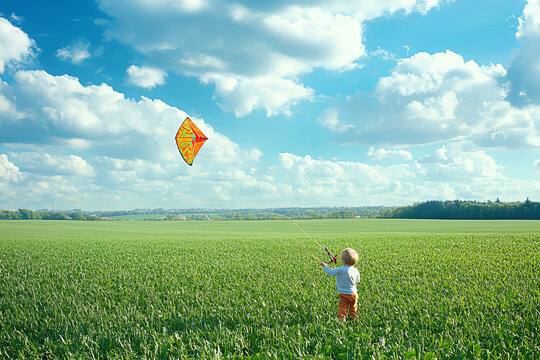 Child flying a colorful kite in a vast green field under a bright blue sky with fluffy clouds, symbolizing freedom, joy, and outdoor adventure