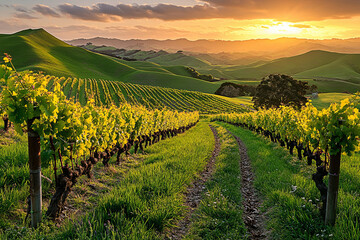 Beautiful vineyard landscape at sunset with lush green grapevines and rolling hills, symbolizing wine production and natural beauty