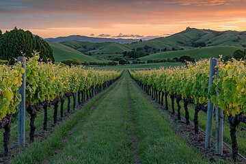 Naklejka premium Beautiful vineyard landscape at sunset with lush green grapevines and rolling hills, symbolizing wine production and natural beauty