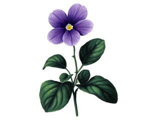 Naklejka premium Realistic wild violet blossom with delicate purple petals and green leaves