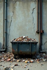 Crumbling concrete wall, tangled pipes, overflowing dumpster, rough, metal