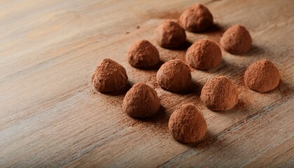 木製テーブルに並ぶチョコレートトリュフ。ココアパウダーのマットな質感とチョコレートの滑らかさが絶妙なコントラストを生み出すデザイン。
