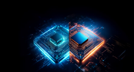 Futuristic image showcasing two glowing square chips with intricate circuit patterns, one in blue and the other in orange, set against a dark backdrop.