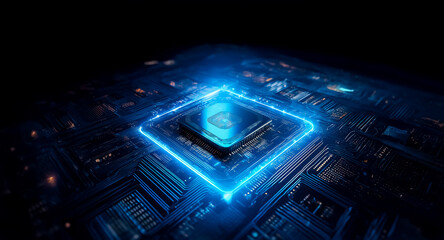 Bright blue light emanates from a square chip on a dark circuit board.  It represents advanced technology and digital processing in a futuristic style.