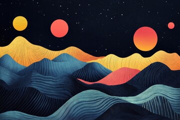 Abstract landscape shows wavy patterns and colored celestial bodies