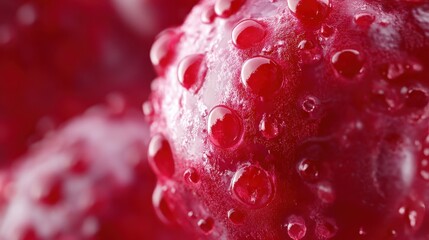 Close-up of fresh raspberries with water droplets highlighting juicy red texture