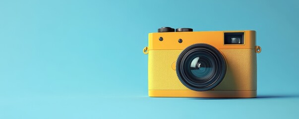 Fototapeta premium Vintage yellow camera on blue background with large lens and retro design