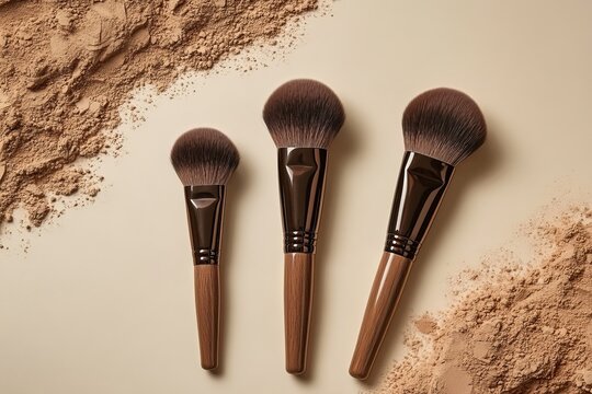 Top view of makeup brushes and powder on beige background for professional face makeup products - Powered by Adobe