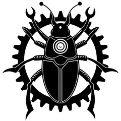 Golden mechanical beetle with gears silhouette vector illustration