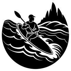 Kayaker going down whitewater rapids silhouette vector illustration 