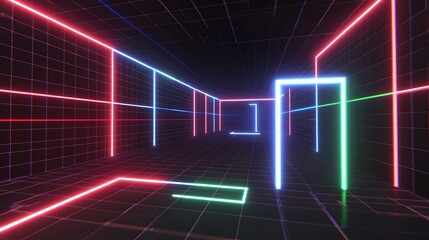 A glowing neon lit tunnel with grid pattern on the walls