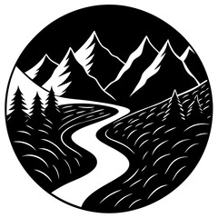River meandering through a lush valley silhouette vector illustration 