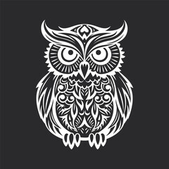 Fototapeta premium Owl Illustration. A highly detailed black and white owl illustration featuring intricate patterns and ornamental elements. For tattoos, wall art, or digital design projects.