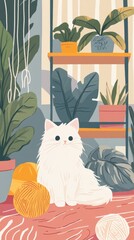A Fluffy White Cat Sits Amongst Indoor Plants And Yarn