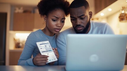 Concerned couple reviewing financial information on a screen at home