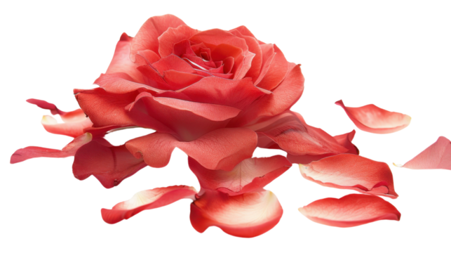 Blooming red rose with falling petals on transparent background