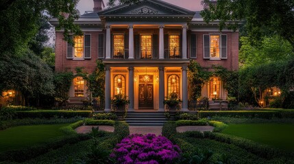 Elegant Mansion with Illuminated Windows and Lush Gardens at Dusk