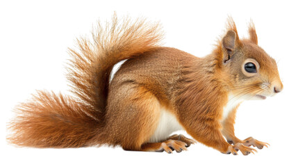 Obraz premium Red squirrel in a sitting position on a white background isolated