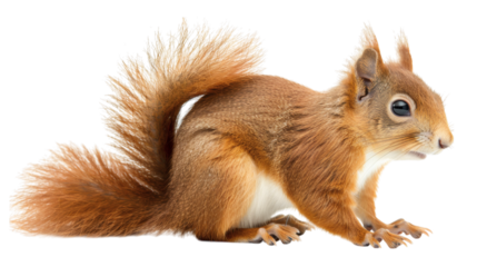 Red squirrel in a sitting position on a white background isolated